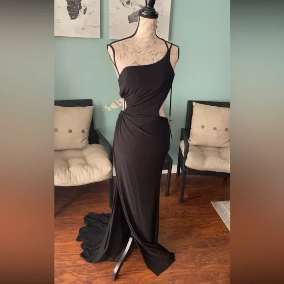 Black one shoulder strappy tight prom dress